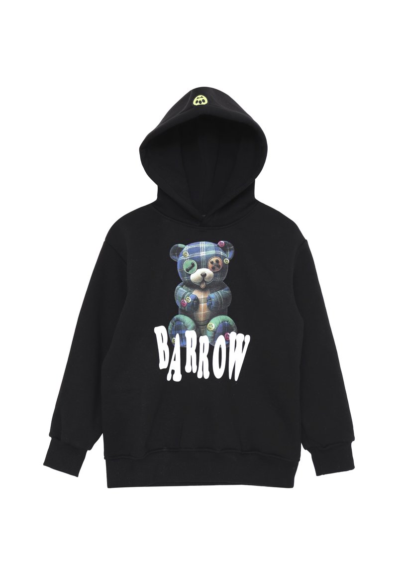 Felpa nera con cappuccio caratterizzata da un grafico centrale di un orsetto con motivo a quadretti e bottoni. "BARROW" stampato in grande testo bianco sotto.