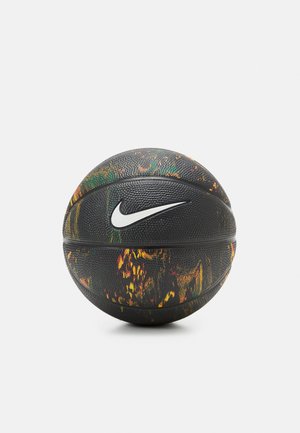 Baschet Nike cu o suprafață texturată neagră, cu modele abstracte multicolore în verde, portocaliu și galben. Logo alb proeminent.