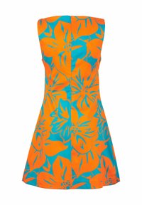 Abito senza spalline con un vivace motivo floreale arancione e turchese, realizzato in tessuto liscio con una silhouette a corolla e una zip sul retro.