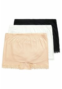 Tre par kvinnors bomullsshorts i beige, vitt och svart, med spetskant längs nederkanten och resårmidja.