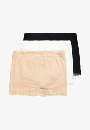 Drie paren vrouwen katoenen shorts in beige, wit en zwart, met een kantafwerking langs de onderrand en een elastische tailleband.