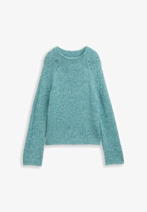 Miętowy dzianinowy sweter z długimi rękawami, okrągłym dekoltem i lekko luźnym krojem. Materiał ma miękką fakturę z subtelnym melanżowym wzorem.