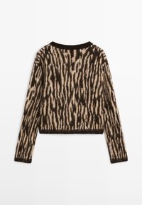 Maglione corto in pelliccia sintetica beige e marrone, con motivo a strisce di tigre, colletto rotondo e design accorciato con maniche lunghe.