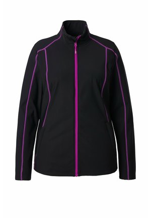 Musta takki, jossa korkea kaulus, violetteja ompeleita ja vetoketjuja, kaksi sivutaskua ja istuva malli virtaviivaiseen ilmeeseen.