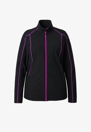 Černá bunda s vysokým límcem, fialovým prošíváním a zipy, dvěma bočními kapsami a přiléhavým střihem pro elegantní vzhled.