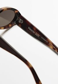 Kočičí sluneční brýle s oválnými skly, s tmavohnědým rámem. Vykovaný název značky "Massimo Dutti" na nožičce se stříbrnými detaily.