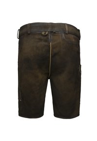 Pantalones cortos de cuero marrón oscuro hasta la rodilla con lazos para cinturón y costuras decorativas a los lados, mostrados desde la parte de atrás sobre un fondo blanco.