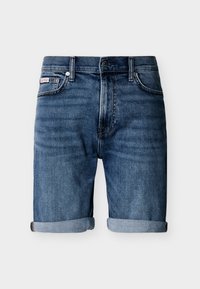 Μπλε τζιν σορτς με γυρισμένα μανίκια, μπροστινό κουμπί και φερμουάρ, σχεδίαση με πέντε τσέπες και διακριτικές ξεθωριασμένες λεπτομέρειες.