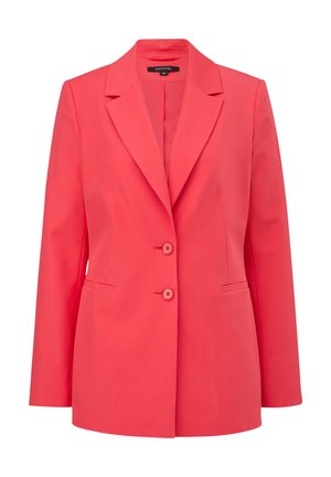 Coral blazer made of smooth fabric with a tailored fit, featuring a notched lapel, two-button closure, and side pockets.