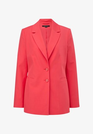 Korallenfarbener Blazer aus glattem Stoff mit taillierter Passform, versehen mit Reverskragen, Zwei-Knopf-Verschluss und Eingrifftaschen.