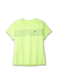 T-shirt de sport léger à manches courtes, de couleur jaune fluo, avec un motif topographique sur la poitrine et un petit logo bleu. Texture lisse.