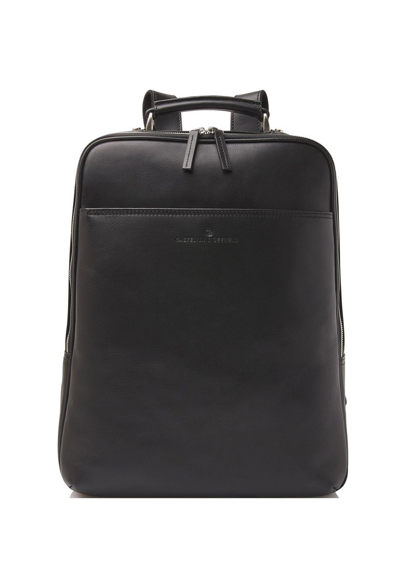 Black leather backpack with a minimalist design, featuring dual top handles, a front pocket, and silver zippers. Smooth texture with embossed branding.