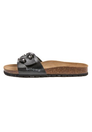 Sandale noire à glissière avec une semelle en liège épaisse, dotée d'un accent métallique circulaire et d'un logo "billowy". Matériau supérieur lisse avec une finition mate.
