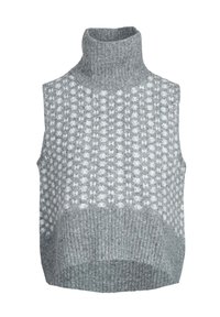 Gilet a dolcevita grigio in maglia senza maniche con un design testurizzato, caratterizzato da un motivo di piccole forme bianche e un orlo inferiore a coste.