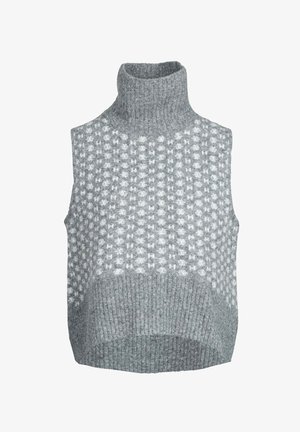 Grauer gestrickter ärmelloser Rollkragenpullover mit strukturiertem Design, das ein Muster aus kleinen weißen Formen und einen gerippten Saum am unteren Ende aufweist.