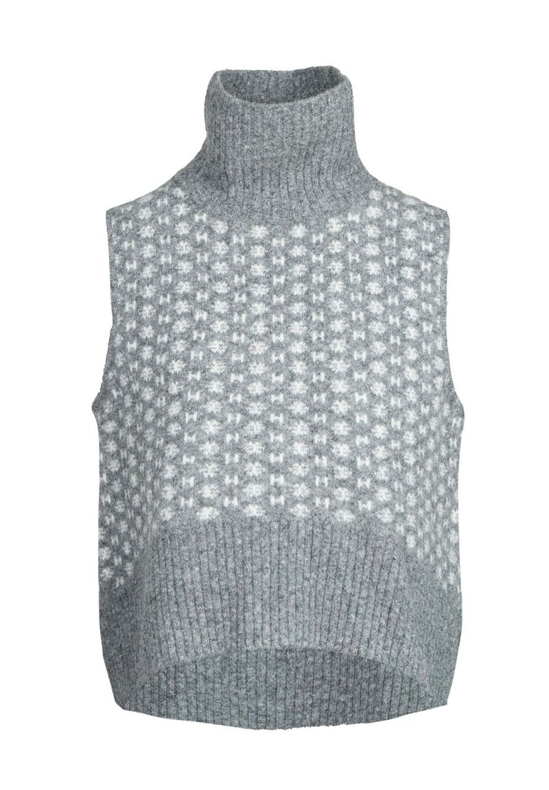 Gilet a dolcevita grigio in maglia senza maniche con un design testurizzato, caratterizzato da un motivo di piccole forme bianche e un orlo inferiore a coste.
