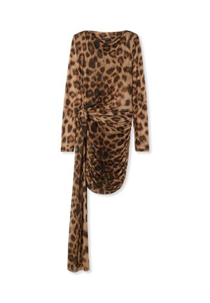 Abito a maniche lunghe con stampa leopardata, realizzato in tessuto morbido, con un design arricciato sul lato e una fascia fluente su un lato.