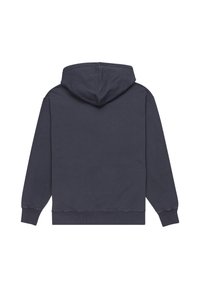 Sudadera con capucha en azul marino oscuro, que presenta una textura suave, puños y dobladillo acanalados, y un diseño de bolsillo tipo canguro en la parte frontal.
