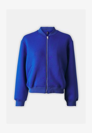 Blue zip-up bomber jacket with a ribbed collar, long sleeves, side pockets, and a textured fabric finish. Smooth zip closure in the front.