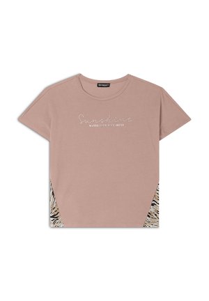 T-shirt di cotone rosa chiaro con maniche corte, caratterizzato da un testo in stile corsivo e motivi animalier su entrambi i lati. Collo rotondo.