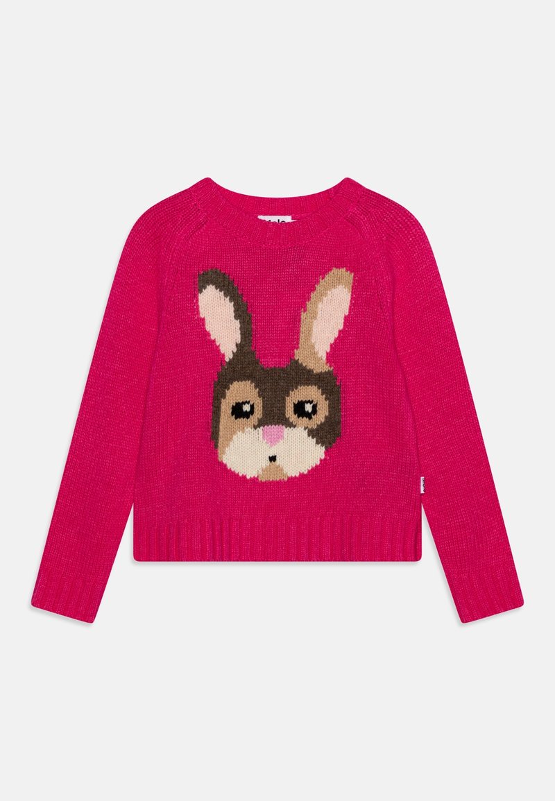 Pull en maille rose vif à manches longues avec un grand motif sur le devant représentant un visage de lapin marron et beige avec un nez rose.