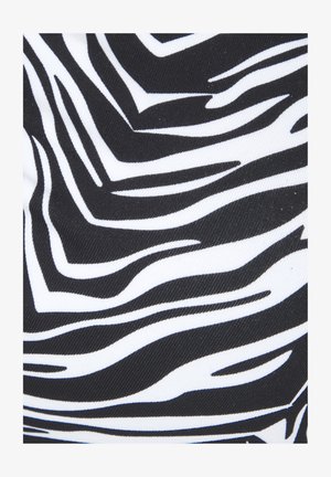 Melna un balta auduma ar abstraktu zebras svītru rakstu; gluda tekstūra ar spīdīgu apdari, izceļot drosmīgas kontrastējošas krāsas.