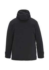 Fekete szigetelt dzseki kapucnival, sima textúrával, hosszú ujjakkal és letisztult dizájnnal. Nincsenek látható logók vagy minták.