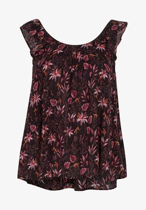Top noir sans manches avec un motif floral présentant des feuilles roses et orange. Tissu léger avec un col froncé et une coupe décontractée.