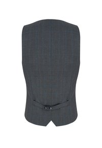 Szary kamizelka w kratę z niebieskim wzorem, o usztywnionym kroju, regulatorem z tyłu i podwójnym zapięciem na guziki, wykonana z teksturowanej tkaniny.