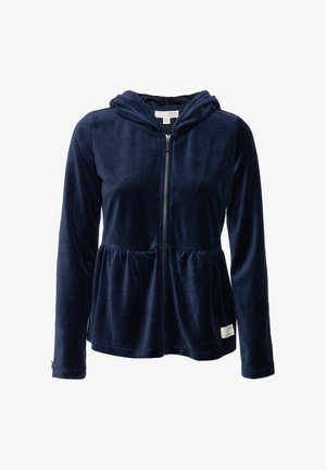 Navy plavi baršunasti hoodie na zatvaranje s patentnim zatvaračem, s kapuljačom na vezanje, peplum strukom i dugim rukavima. Ima malu oznaku na rubu.