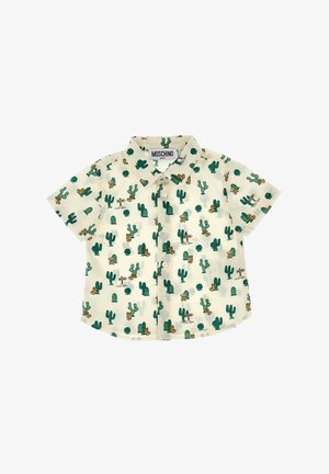 Camicia a maniche corte di colore crema con bottoni, caratterizzata da una stampa di cactus in verde e marrone con elementi da cartone animato. Realizzata in tessuto leggero e traspirante.