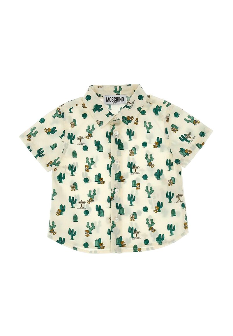 Camicia a maniche corte di colore crema con bottoni, caratterizzata da una stampa di cactus in verde e marrone con elementi da cartone animato. Realizzata in tessuto leggero e traspirante.