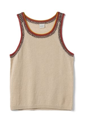 Beiger gestrickter ärmelloser Top mit braunen, roten und gelben dekorativen Verzierungen um den Ausschnitt und die Armausschnitte, Etikett mit der Aufschrift "Stefanel" im Krageninneren.