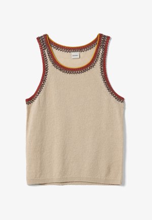 Beiger gestrickter ärmelloser Top mit braunen, roten und gelben dekorativen Verzierungen um den Ausschnitt und die Armausschnitte, Etikett mit der Aufschrift "Stefanel" im Krageninneren.