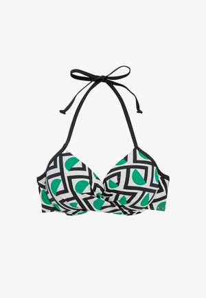 Top bikini a righe bianco e nero con mezzi cerchi verdi, design anteriore attorcigliato e lacci al collo neri.