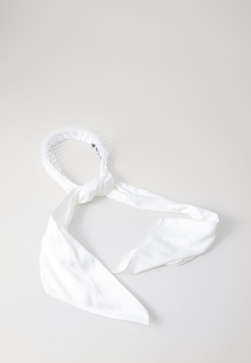 White silk headscarf with a knot and two elongated ends, featuring a lace netting detail at the top and a smooth texture throughout.