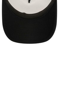 Black baseball cap with a flat brim, featuring a white interior and no visible logos. Made from a textured fabric. Simple design.