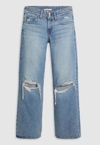 Světle modré džínové kalhoty s širokými nohavicemi, s dvěma velkými roztrženými dírami na kolenou a zapínáním na knoflík v pase.