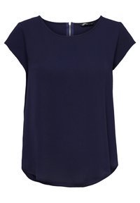 Blouse bleu marine à manches courtes avec un col rond, tissu texturé et fermeture éclair au dos. Fini lisse avec un ourlet incurvé.