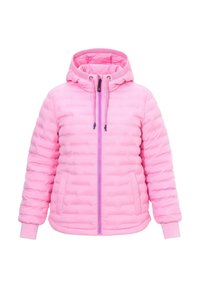 Lyserød quiltet hættejakke med frontlynlås, snøre i hætten, ribkant ved ærmerne og sidelommer, designet til koldt vejr.