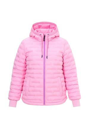 Roze gewatteerde jas met capuchon, voorzien van een ritssluiting aan de voorkant, capuchon met trekkoord, geribbelde manchetten en zijzakken, ontworpen voor koud weer.