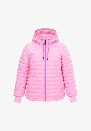 Růžová prošívaná bunda s kapucí, předním zipem, stahovací kapucí, žebrovanými manžetami a bočními kapsami, určená pro chladné počasí.