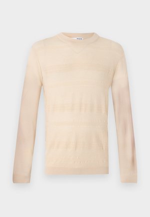Pull en tricot beige clair avec manches longues, mettant en avant un motif rayé texturé et un col rond. Finition en tissu lisse.