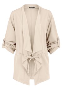 Veste kimono beige légère avec un design fluide, ouverte à l'avant, manches larges et ceinture à nouer. Manches retroussées ornées de boutons.