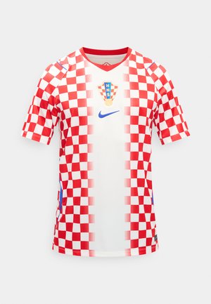Nogometni dres Hrvaške z rdeče-belim karo vzorcem, modrim logotipom Nike in grbom HNS na prsih, kratkimi rokavi in V-izrezom ovratnika.