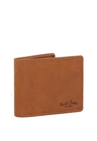 Portafoglio in pelle marrone con cuciture visibili e logo "Gusti Leder studio" impresso nell'angolo anteriore in basso a destra.