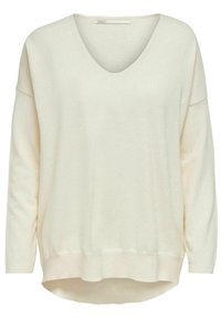 Pull à manches longues de couleur crème avec un col en V, des poignets et un ourlet côtelés, et un ourlet arrière légèrement plus long.