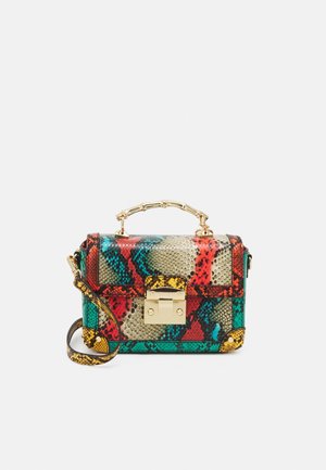 Compact handbag featuring multicolored snakeskin pattern in red, green, and yellow. Metal hardware and a top handle with a shoulder strap.