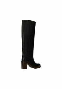 Knee-high black leather boots with a chunky brown heel, featuring a smooth texture and slight decorative stitching along the sides.