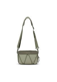 Borsa a tracolla verde di forma rettangolare, realizzata in materiale trapuntato. Presenta una tracolla regolabile, chiusura con cerniera e accenti di cuciture decorative.